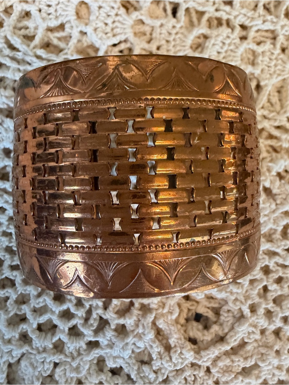 Copper cuff bracelet. Color changes noted. Non magnetic adjustable